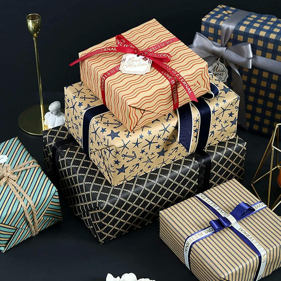 Papel de Regalo Kraft Reciclable con Cintas y Etiquetas, 6 Hojas 50x70cm, Ideal para Diversas Ocasiones (Multicolor)