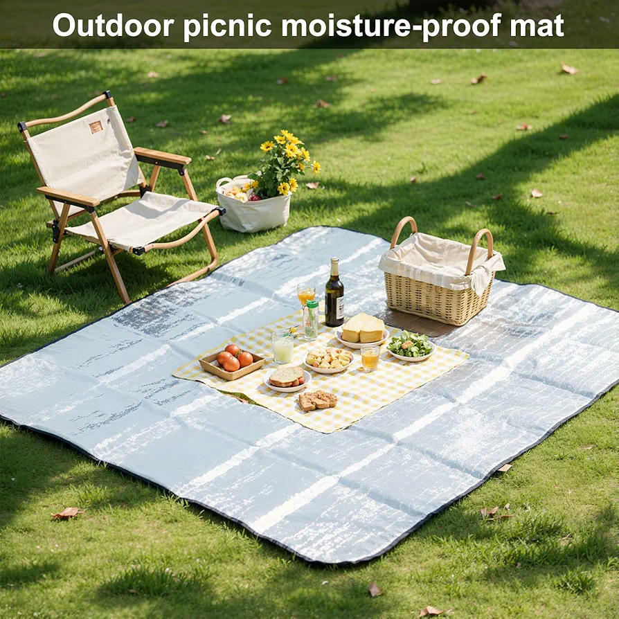 Estera de Aislante de Aluminio de 200 x 200 cm, Esterilla Portátil para Camping, Picnic y Playa, Manta Térmica Resistente al Agua de Espuma EVA
