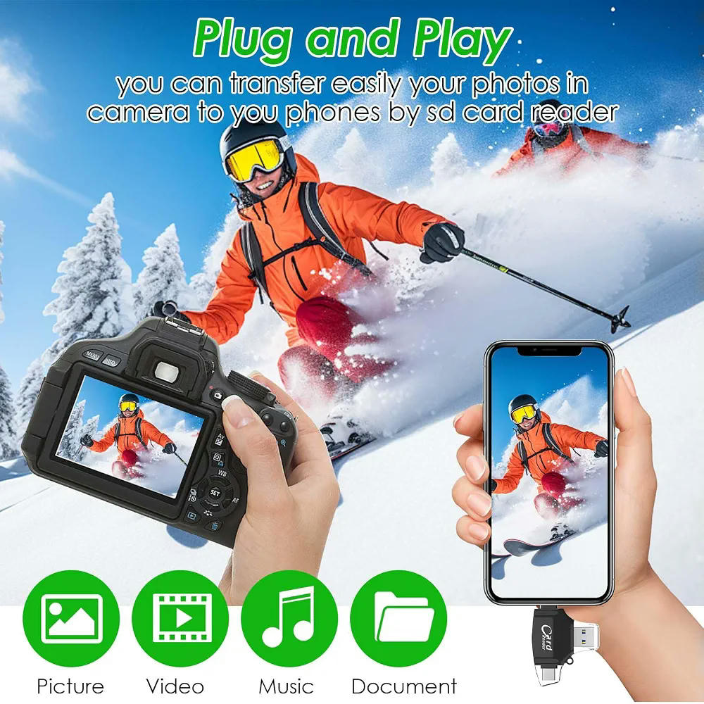 Lector de Tarjetas SD y Micro SD Multifuncional con Conectores USB-A, USB-C y Lightning, Color Negro