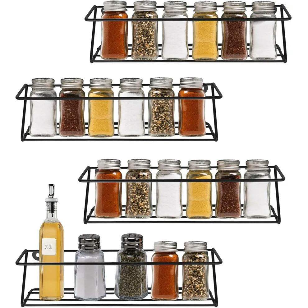 Especiero de Pared Metálico, Organizador de Especias para Cocina y Baño, Set de 4 Piezas, Instalación Sin Taladro, Almacenamiento Eficiente de Condimentos (Negro)
