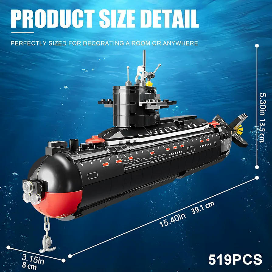 Submarino de Construcción de Bloques, 519 Piezas, 39 cm, Kit Interactivo para Jóvenes Entusiastas