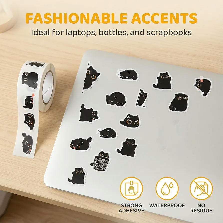 Pegatinas de gatos negros, 500 pegatinas de dibujos animados para manualidades y decoración, Color Negro