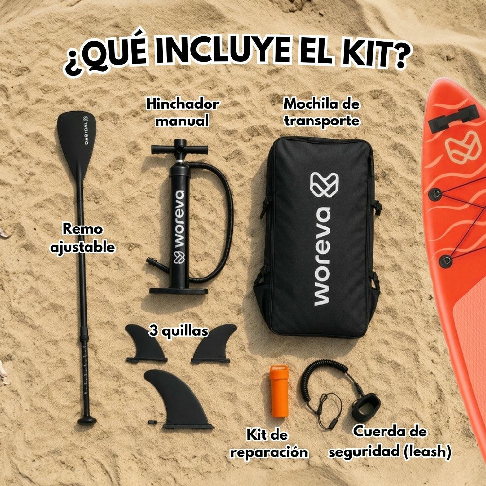 WOREVA BRAVA - Kit Paddle Surf Inflable 335cm | Tabla SUP Touring, Estable 3 quillas, Portable 3 asas, Ancho 84cm (hasta 160kg) | Pack con remo, inflador, mochila y más
