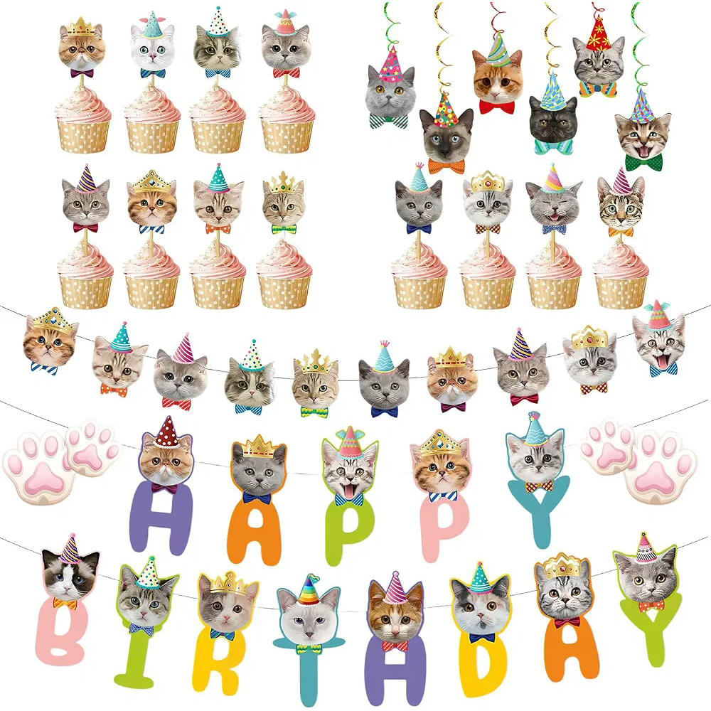 Conjunto de Decoración de Cumpleaños para Gatos con Pancartas y Complementos, Multicolor