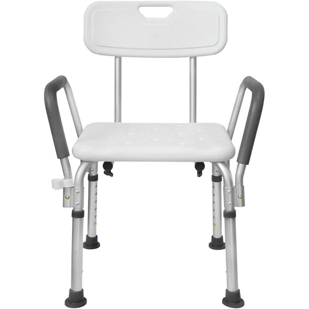 Silla de ducha regulable, 5 niveles de altura 37,5 - 50,5 cm, taburete antideslizante con respaldo y reposabrazos, asiento de aluminio y polietileno resistente