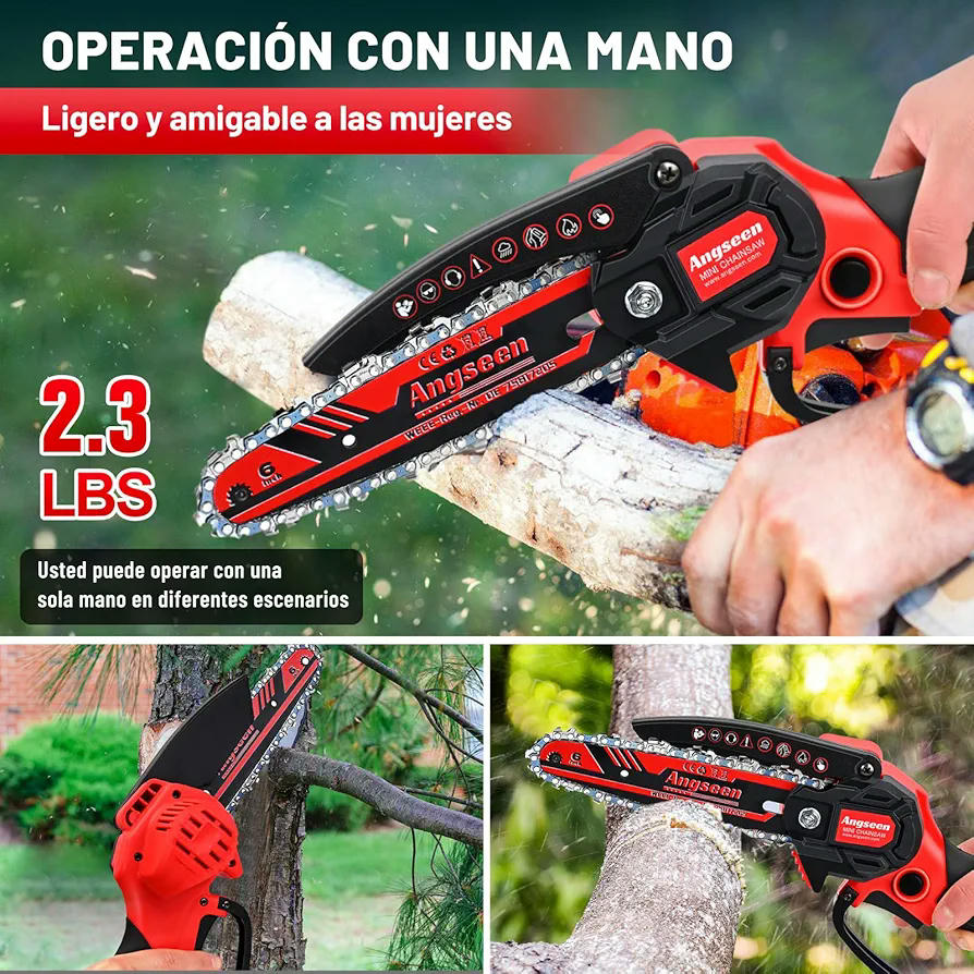 Mini motosierra eléctrica a batería para podar con 2 baterías, 850 W 6 pulgadas, con 2 cadenas, guantes, gafas y bloqueo de seguridad, para cortar madera y jardinería (Rojo)