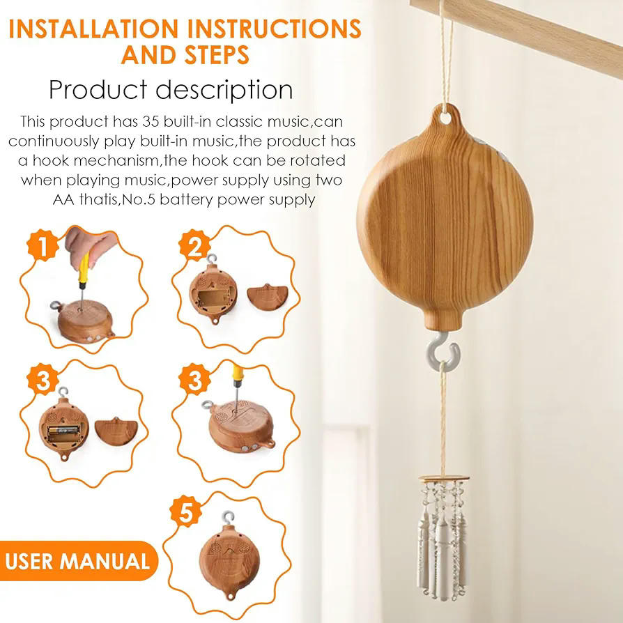 Caja Musical para Bebés de Imitación de Madera, Melodías Suaves, Volumen Ajustable, Mecanismo Musical para Móvil, Motor para Cuna