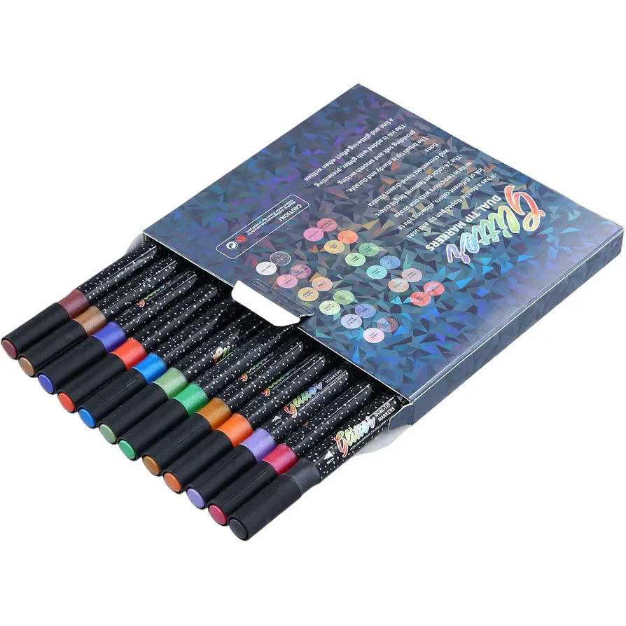 Set of 12 Metallic Glitter Markers with Double Tip (Fine and Broad), for Adult Coloring Books, Craft Cards