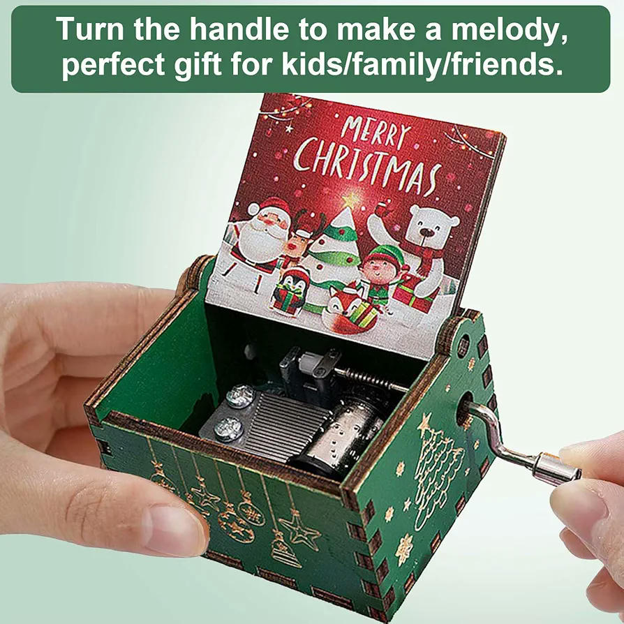 Caja de Música de Madera con Manivela, Caja Musical Clásica, Decoración Artesanal para el Hogar, Regalo Ideal para Cumpleaños y Celebraciones (Color Rojo) Estilo Navidad, Santa Claus y Muñeco de Nieve