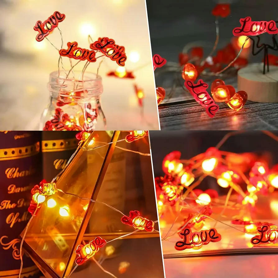 Cadena de Luces LED 3M Corazón Rojo, 30 Lámparas, Guirnalda de Luces a Pilas con 8 Modos para Decoración en San Valentín y Navidad