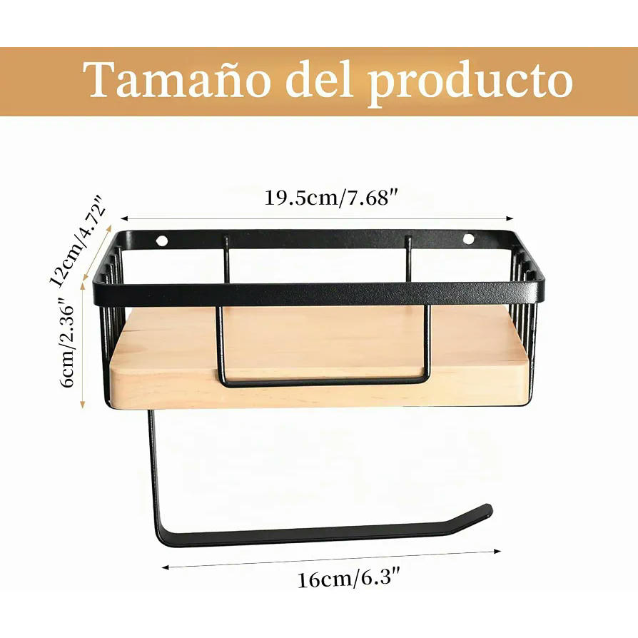 Portarrollos de papel higiénico con estante de madera y metal, montaje en pared sin taladrar (Negro)