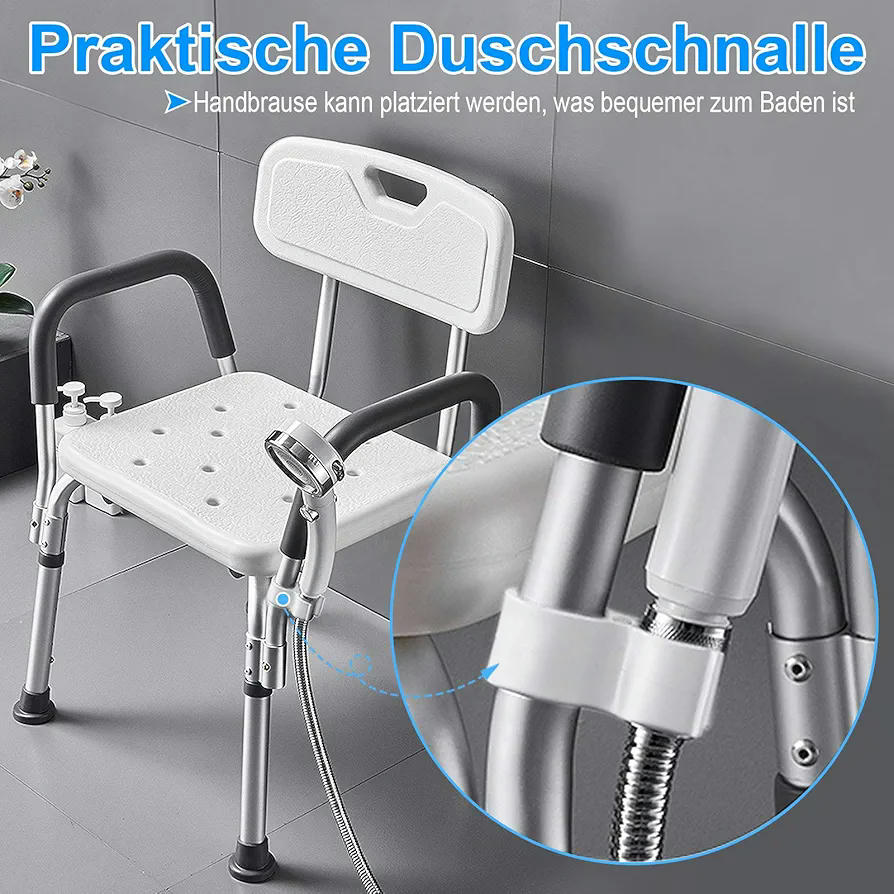 Silla de ducha regulable, 5 niveles de altura 37,5 - 50,5 cm, taburete antideslizante con respaldo y reposabrazos, asiento de aluminio y polietileno resistente