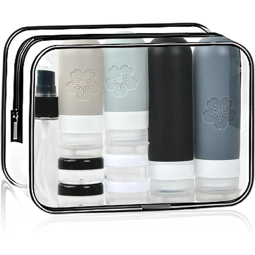 Botellas de viaje de silicona, set de 18 piezas, contenedores portátiles rellenables con bolsa transparente, recipientes para champú, lociones y líquidos (Gris)
