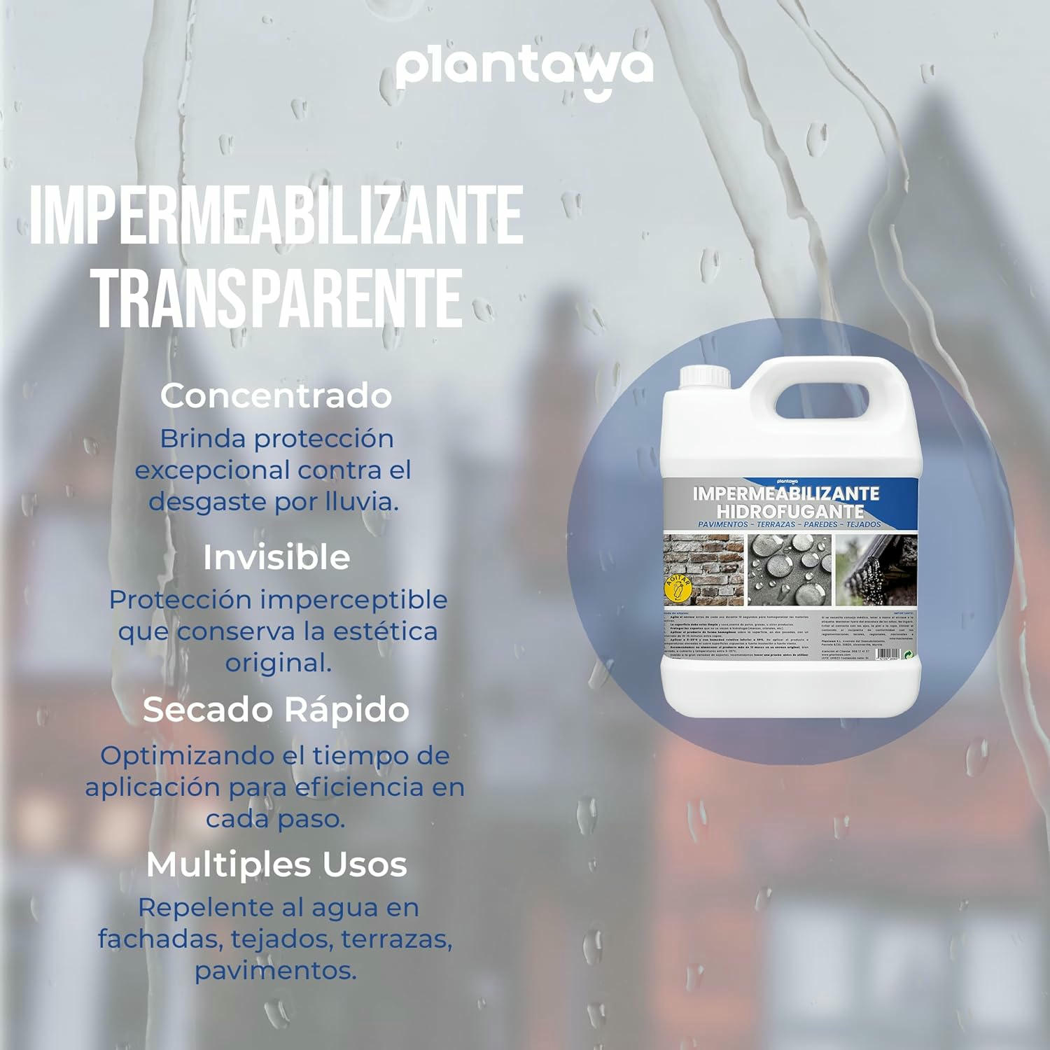 Plantawa Impermeabilizante Transparente. Hidrofugante Invisible, No Genera Película, Protección Total en Fachadas, Hormigón,Terrazas, Tejados. Repelente al Agua, waterproof (5 Litros).