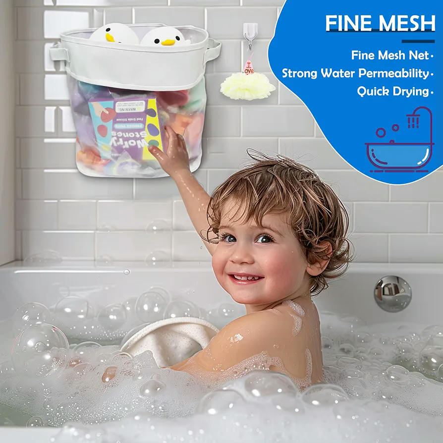 Bolsa de Almacenamiento para Juguetes de Baño de bebé, Red de Malla, Organizador Rectangular, Color Blanco, Incluye Pelota de Baño (Blanco)