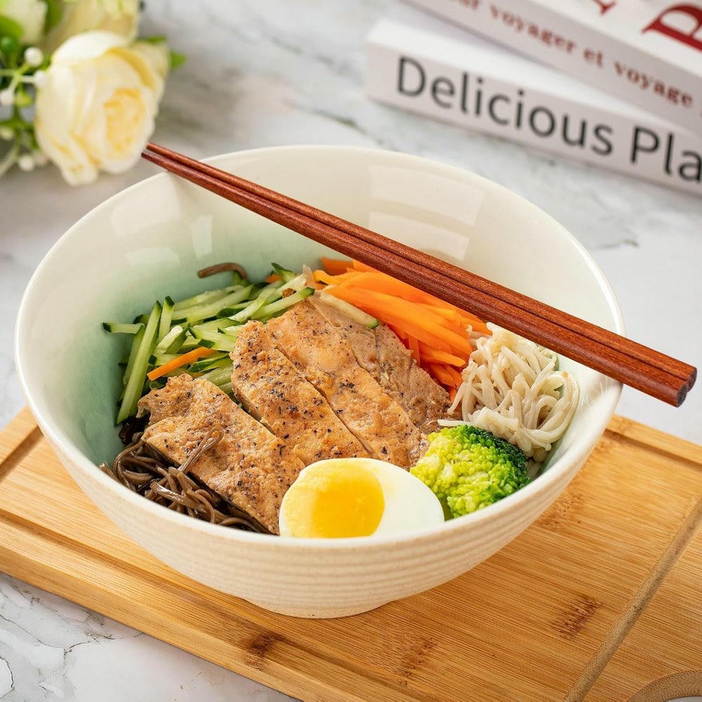 Set de 2 Tazones de Ramen de Cerámica de 1200ml con Palillos y Cuchara, Beige