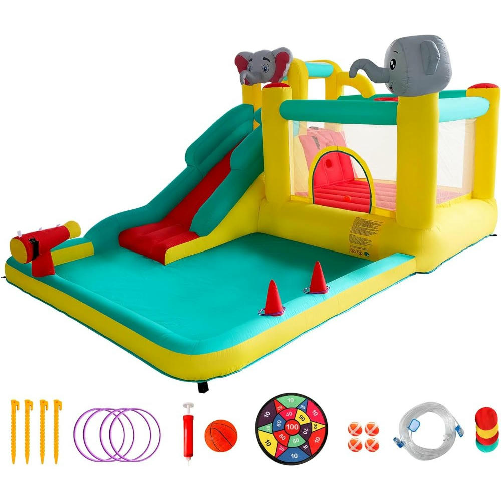 Castillo inflable con tobogán, área de salto, pit de pelotas y aro de baloncesto, diseño de elefantes, para uso en interiores y exteriores, 423 x 286 x 212 cm