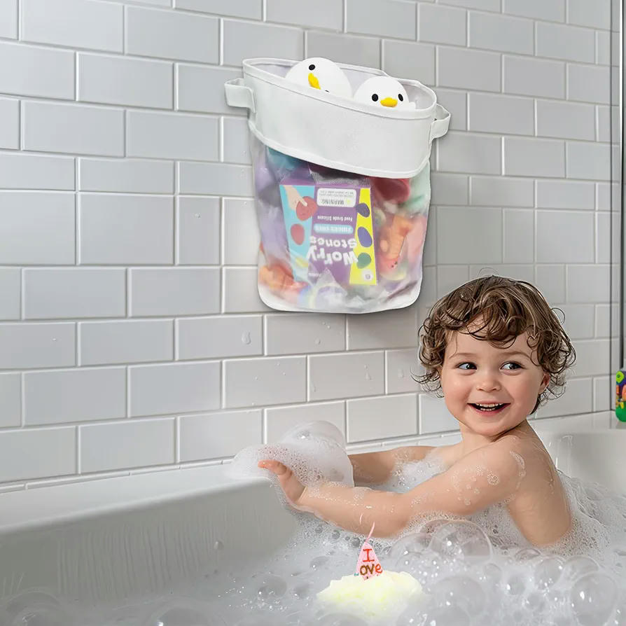 Bolsa de Almacenamiento para Juguetes de Baño de bebé, Red de Malla, Organizador Rectangular, Color Blanco, Incluye Pelota de Baño (Blanco)