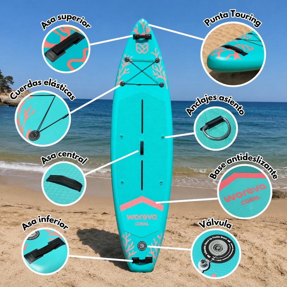 WOREVA CORAL - Kit Paddle Surf Inflable 335cm | Tabla SUP Touring, Estable 3 quillas, Portable 3 asas, Ancho 84cm (hasta 160kg) | Pack con remo, inflador, mochila y más
