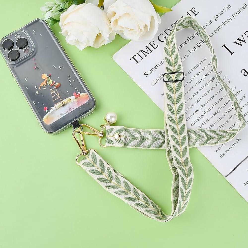 Correa Ajustable para Móvil con Estampado de Hojas Verdes, Cadena Universal y Accesorios