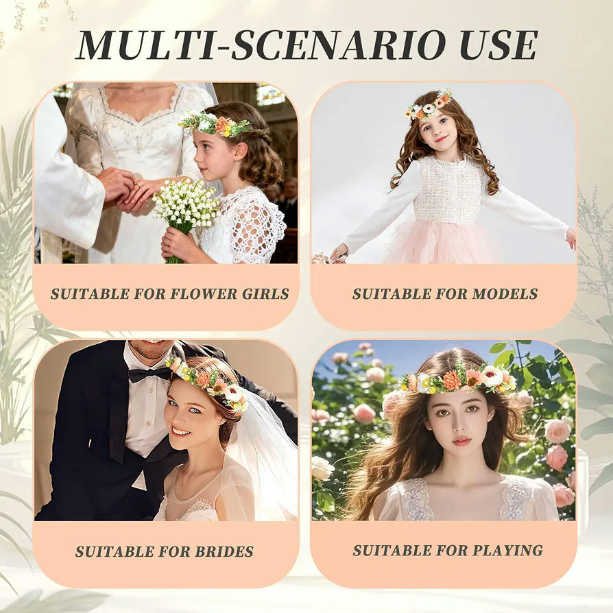 Diadema de Flores para Niña y Mujer con Cinta Ajustable, Ideal para Ceremonias y Festivales, 19 cm (Naranja Multicolor)