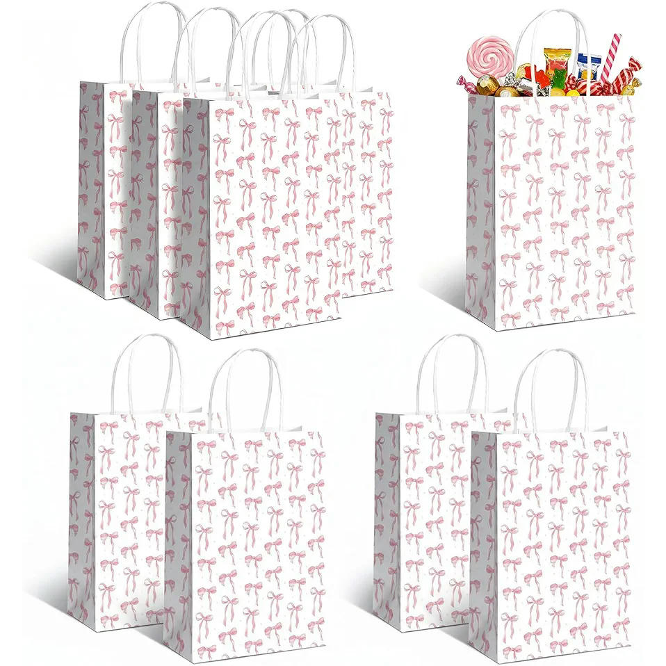 10 bolsas de papel de regalo con lazo rosa, 15 x 21 x 8 cm, reutilizables con asa para fiestas y ocasiones especiales