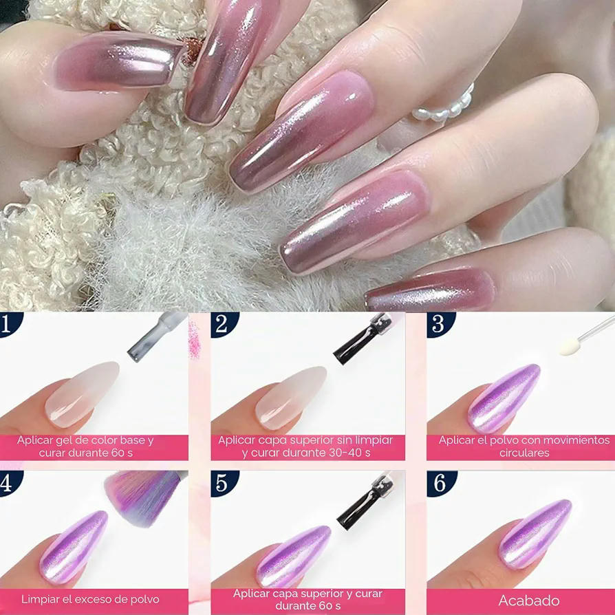 Polvos Cromados para Uñas en 6 Colores, Decoración de Uñas con Efecto Holográfico