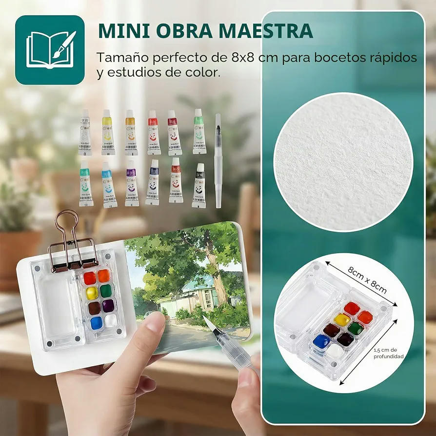 Set Portátil de Acuarelas de Viaje con 12 Colores, Paleta, Pincel y Mini Cuaderno 8 x 8 cm