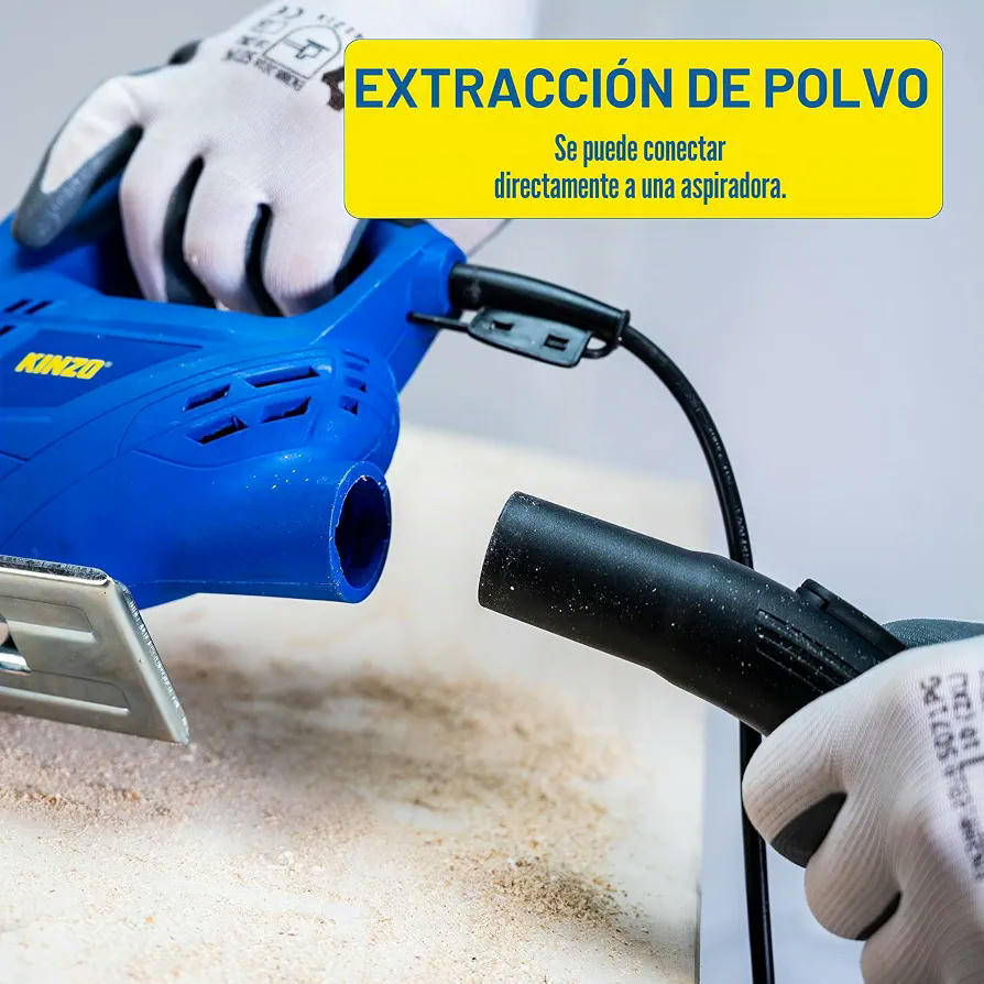 Kinzo Sierra de calar – 230 V – 400 W – con extracción de polvo – Hoja protectora – Varios materiales – Madera hasta 65 mm – Metal hasta 6 mm – Azul, 8711252064161