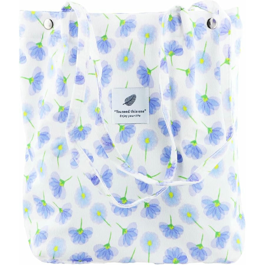Bolso Tote Bag de Pana para Mujer, Casual y Elegante con Patrón Floral y Gran Capacidad (Azul)