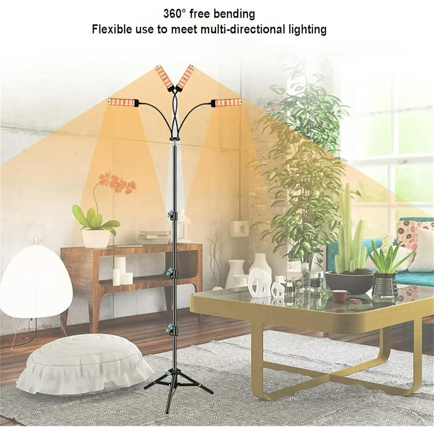 Luz de Cultivo LED para Plantas de Interior con Soporte Trípode Ajustable y Temporizador Automático, Espectro Completo, 4 Cabezas, Enchufe EU