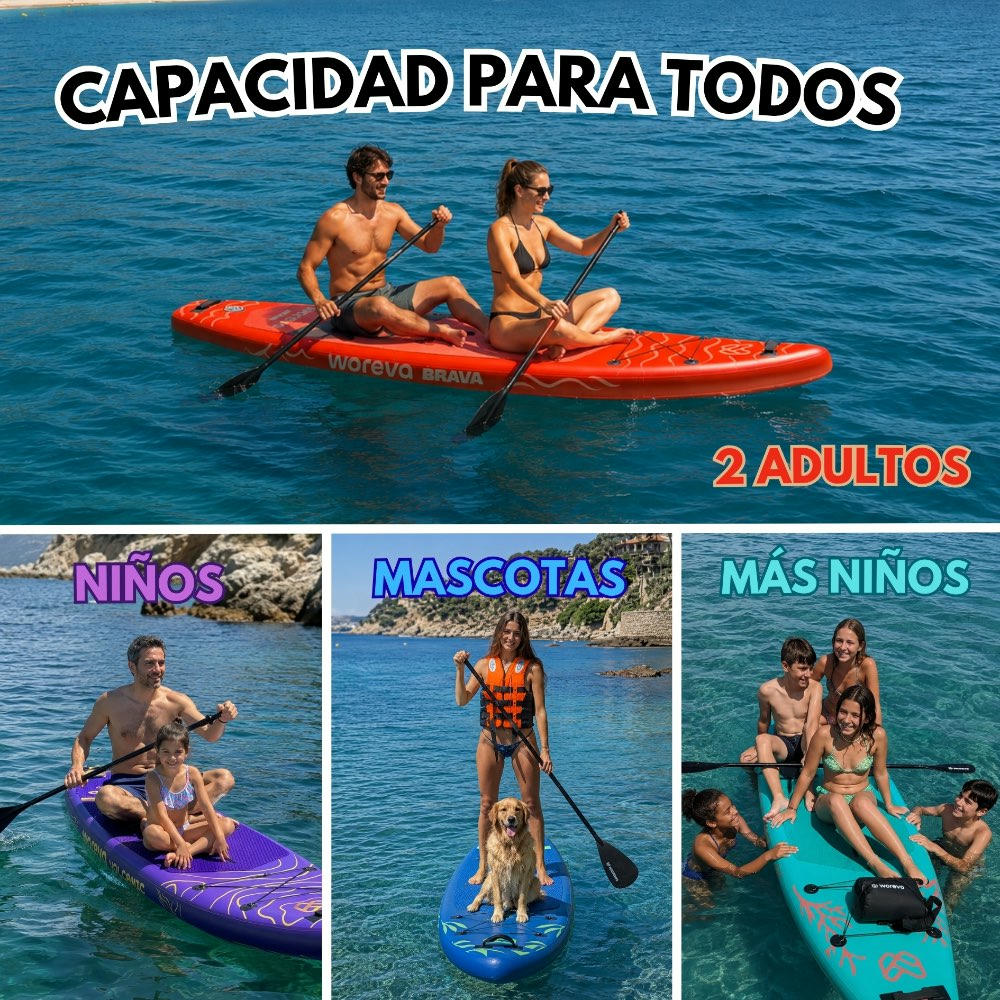 WOREVA CORAL - Kit Paddle Surf Inflable 335cm | Tabla SUP Touring, Estable 3 quillas, Portable 3 asas, Ancho 84cm (hasta 160kg) | Pack con remo, inflador, mochila y más
