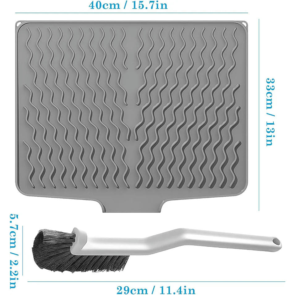 Alfombrilla de silicona para escurrir 40 x 33 cm, color gris, con cepillo de limpieza en forma de L, antideslizante y resistente al calor (Gris)