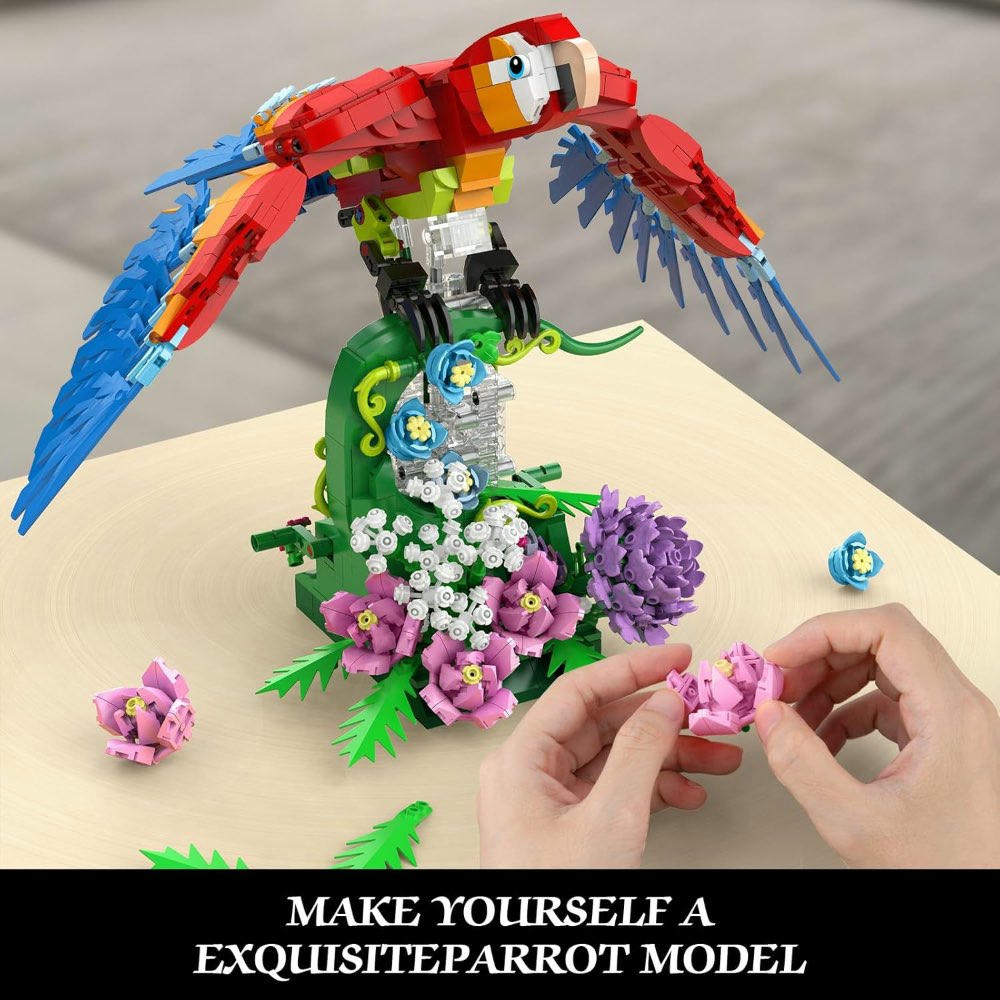 Juego de construcción Loro Floral, Parrot modelo MOC de arte en mesa con flores y loro, set 2 en 1 de animales y aves, idea de regalo para adultos y adolescentes a partir de 14 años (1176 piezas)