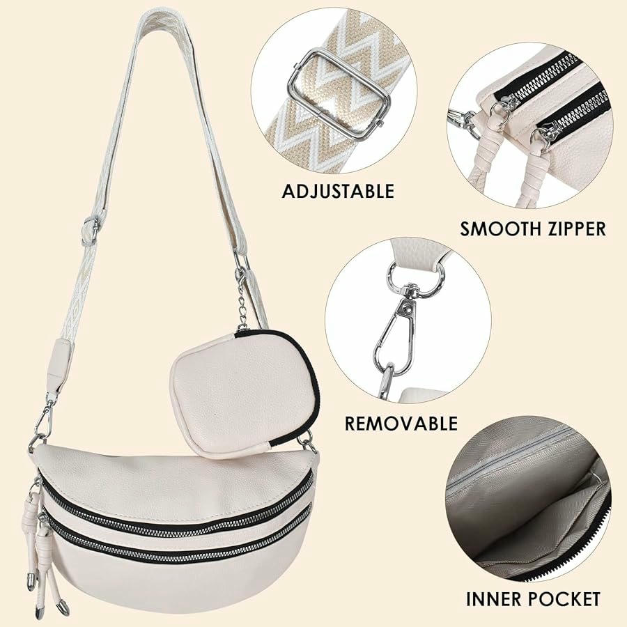 Bolso de media luna para mujer, bandolera de hombro ajustable, bolso casual ligero de PU, ideal para viajes, trabajo y ocasiones especiales (Blanco)