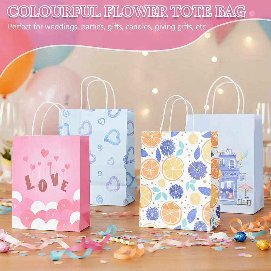 20 Piezas Bolsas de Regalo con Asas en 4 Patrones de Papel Kraft, 21x11x27 cm para Fiestas y Celebraciones (Multicolor)