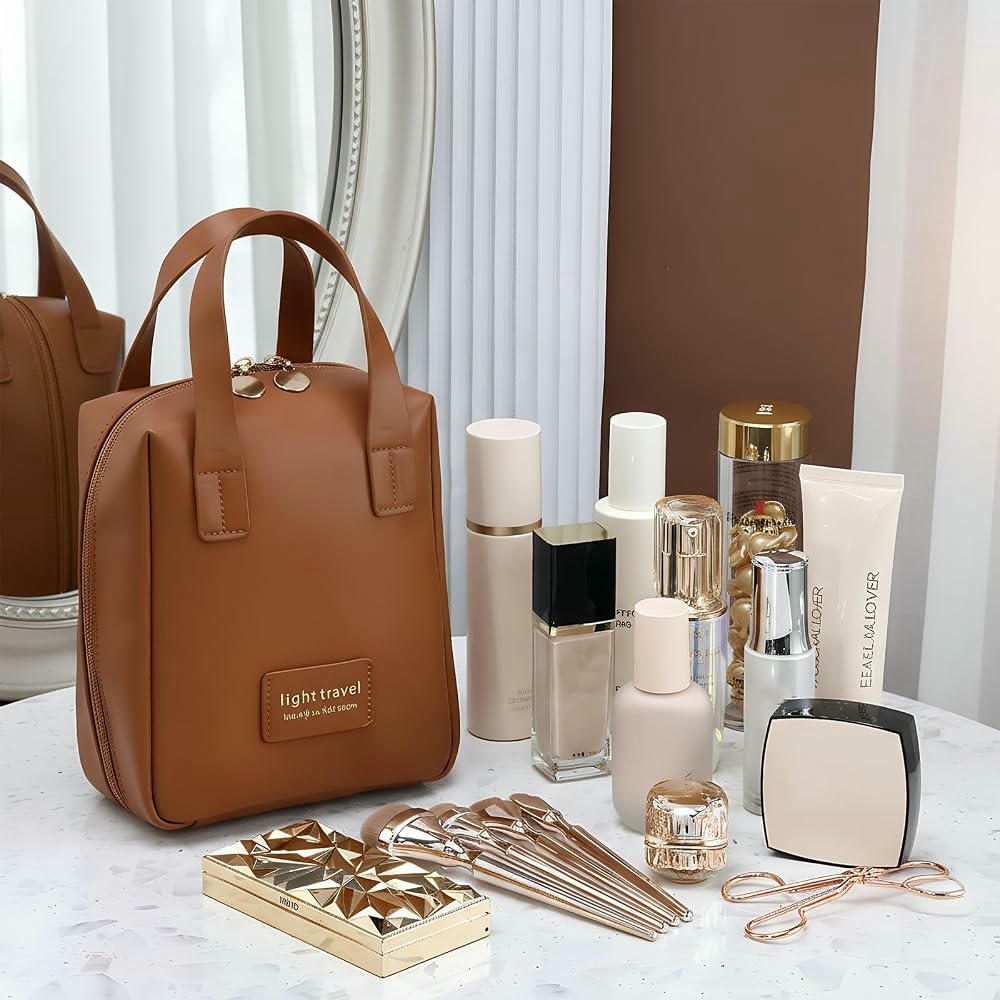 Neceser de Maquillaje para Mujer de Cuero PU con Asa y Compartimentos para Organización (Marrón)