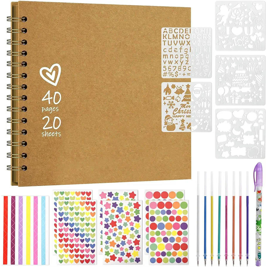 DIY Spiral Scrapbook Photo Album with 40 Blank Pages for Crafting and Special Memories, with stickers, markers, and more colorful accessories
