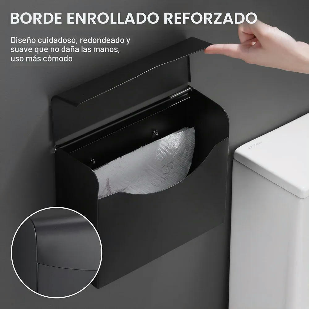 Porta Rollos de Papel Higiénico Negro con Soporte de Acero Inoxidable y Ganchos Adhesivos, 24 cm