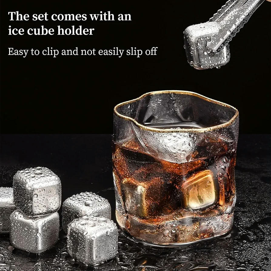 Cubitos de Hielo de Acero Inoxidable 8 Piezas, Cubitos Reutilizables, Con Pinzas y Caja de Almacenamiento, Ideal para Whisky, Cócteles y Bebidas