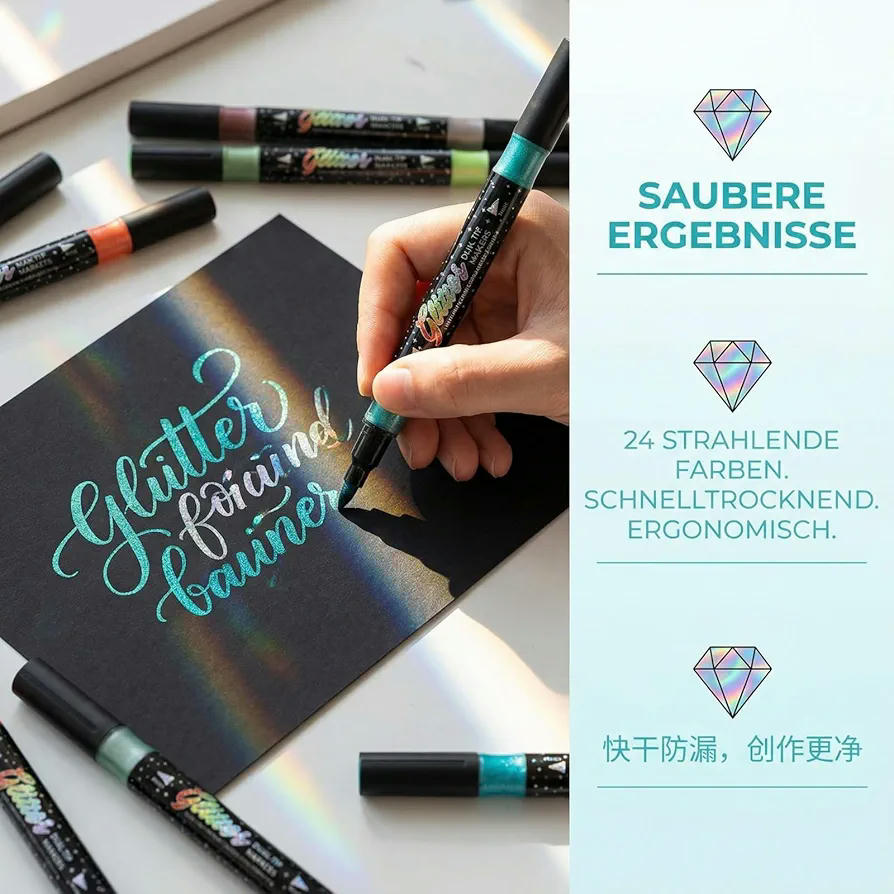 Set de 12 Rotuladores Brillantina Metálicos de Doble Punta (Fina y Ancha), para Libros para Colorear Adultos, Tarjetas Manualidades