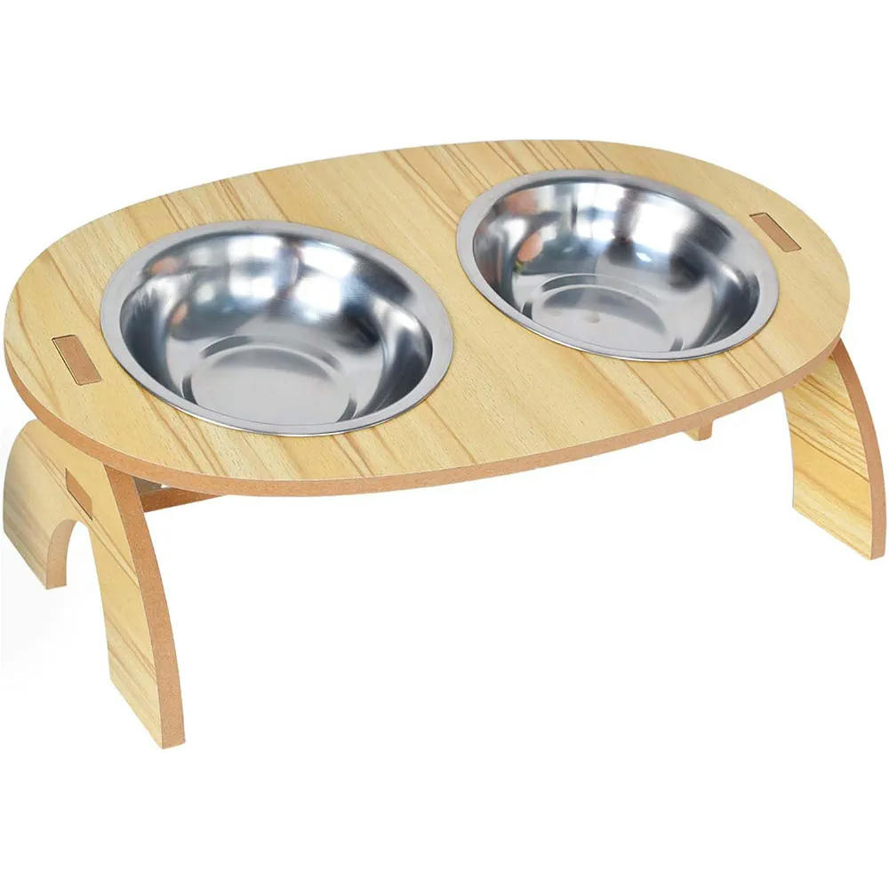 Comedero Elevado para Gatos con 2 Cuencos de Acero Inoxidable y Soporte de Madera de 33 cm (Marrón)