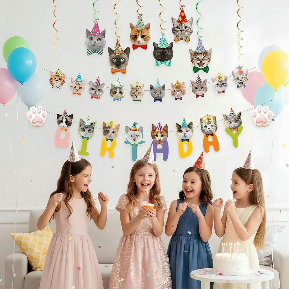 Conjunto de Decoración de Cumpleaños para Gatos con Pancartas y Complementos, Multicolor