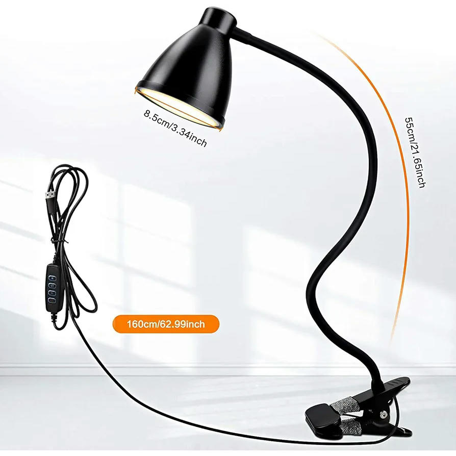 Lámpara de Escritorio Collen con Pinza, LED de 38 Luces, 3 Modos de Iluminación y 10 Niveles de Brillo, Cuello Flexible de 360 Grados, Protección Ocular, Carga USB - Negro