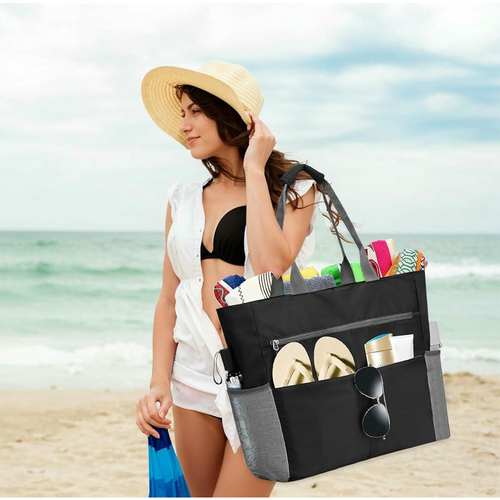 Bolsa de Playa Grande con Cremallera para Mujer, Shopper Multifuncional, Bolso de Lona con Asas para Playa, Piscina, Gimnasio y Viajes, Color Gris