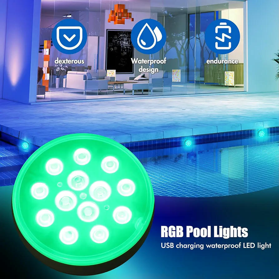 Luces LED impermeables IP68, 2 unidades, mando a distancia, 16 colores RGB, ideal para piscina, jardín y acuarios, 13 luces LED