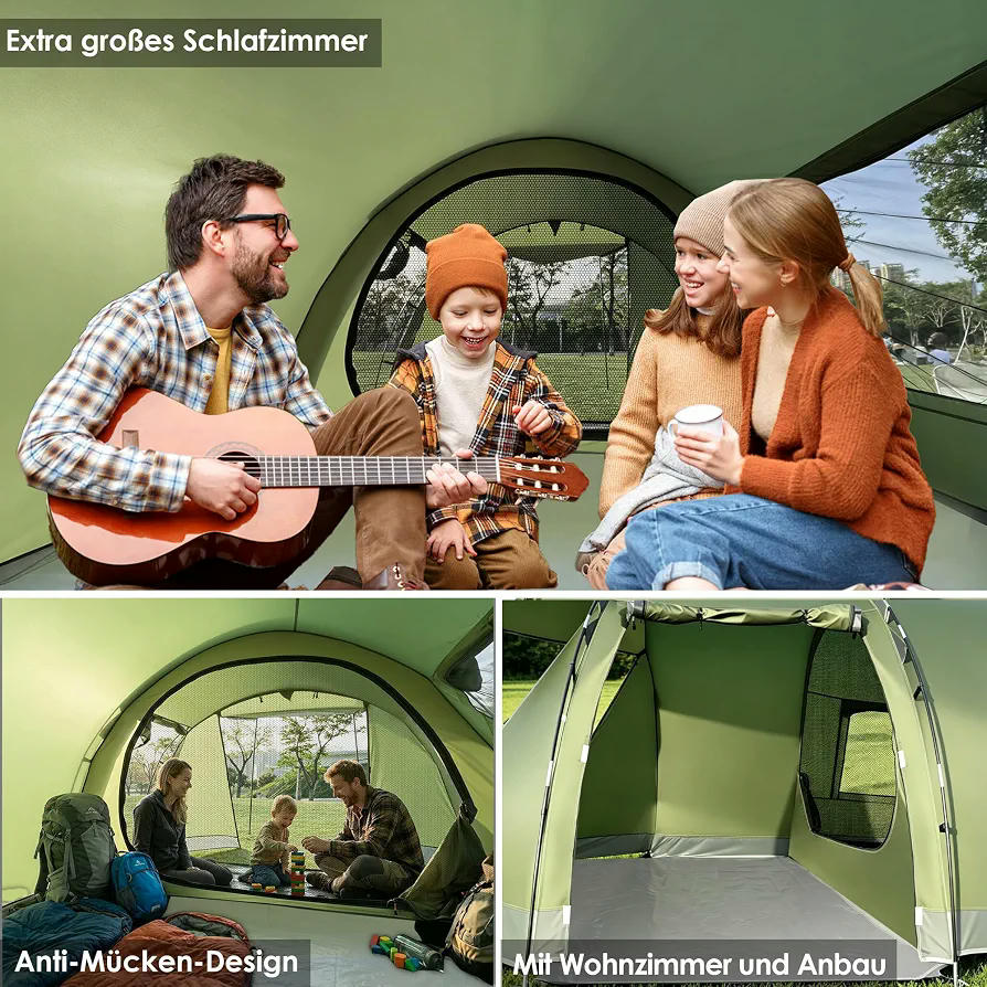 Tienda de campaña tipo túnel para 4 personas, impermeable 5000 mm, 420 x 260 x 150 cm, con toldo y suelo extraíble
