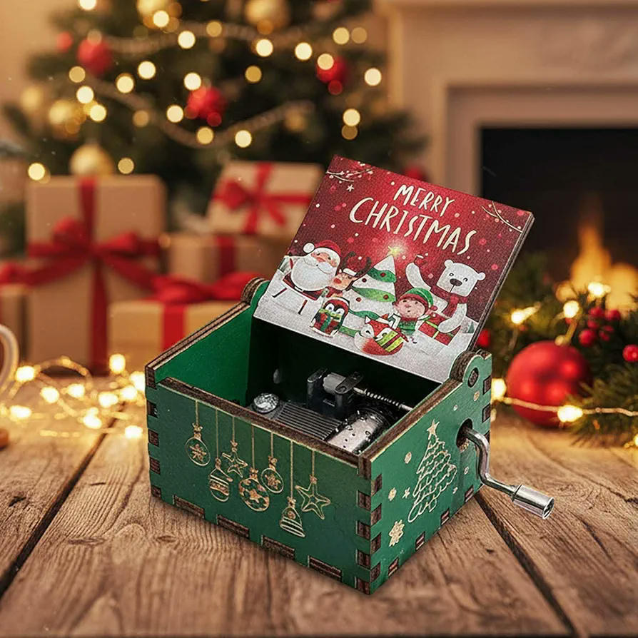 Caja de Música de Madera con Manivela, Caja Musical Clásica, Decoración Artesanal para el Hogar, Regalo Ideal para Cumpleaños y Celebraciones (Color Rojo) Estilo Navidad, Santa Claus y Muñeco de Nieve