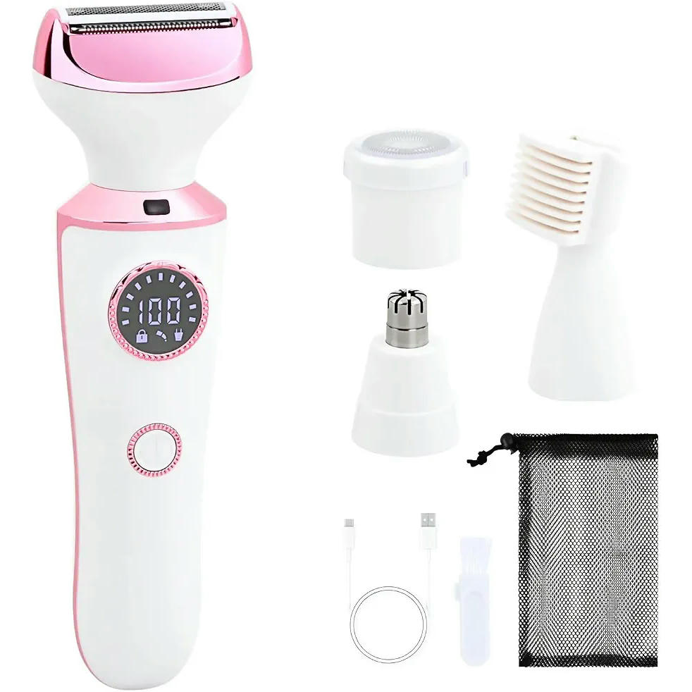 Depiladora Eléctrica 4 en 1 para Mujer, Maquinilla de Afeitar con Cuchillas Intercambiables y Carga USB (Rosa)