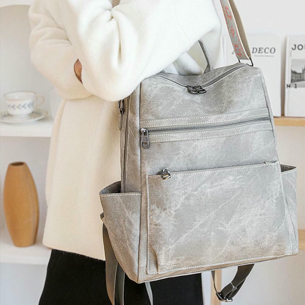 Mochila de piel sintética para mujer, gran capacidad, casual, con correa para bolso, ideal para viajes y uso diario (Gris)